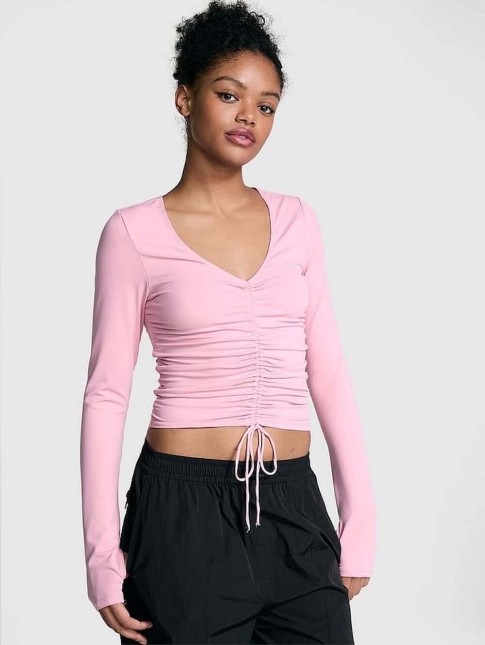 Pink By Victoria Secret Relay Cinched Long Sleeve T-Shirt Ruched - Cameo Pink
